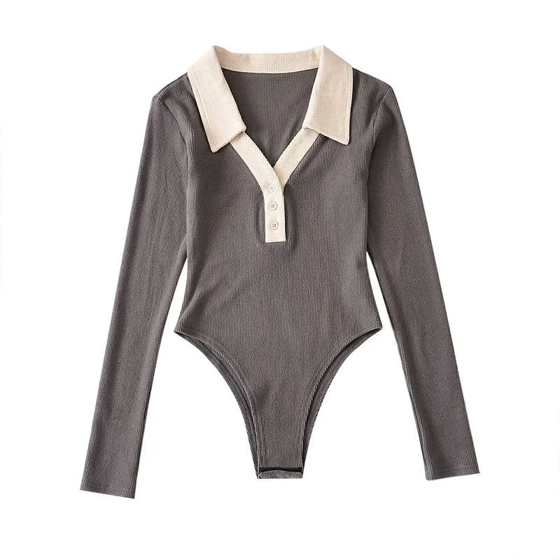 Sexy Lapel Color-blocking Long-sleeved Thin Female Casual Knitted Bodysuits Single-breasted Trend Slim Women's Clothing