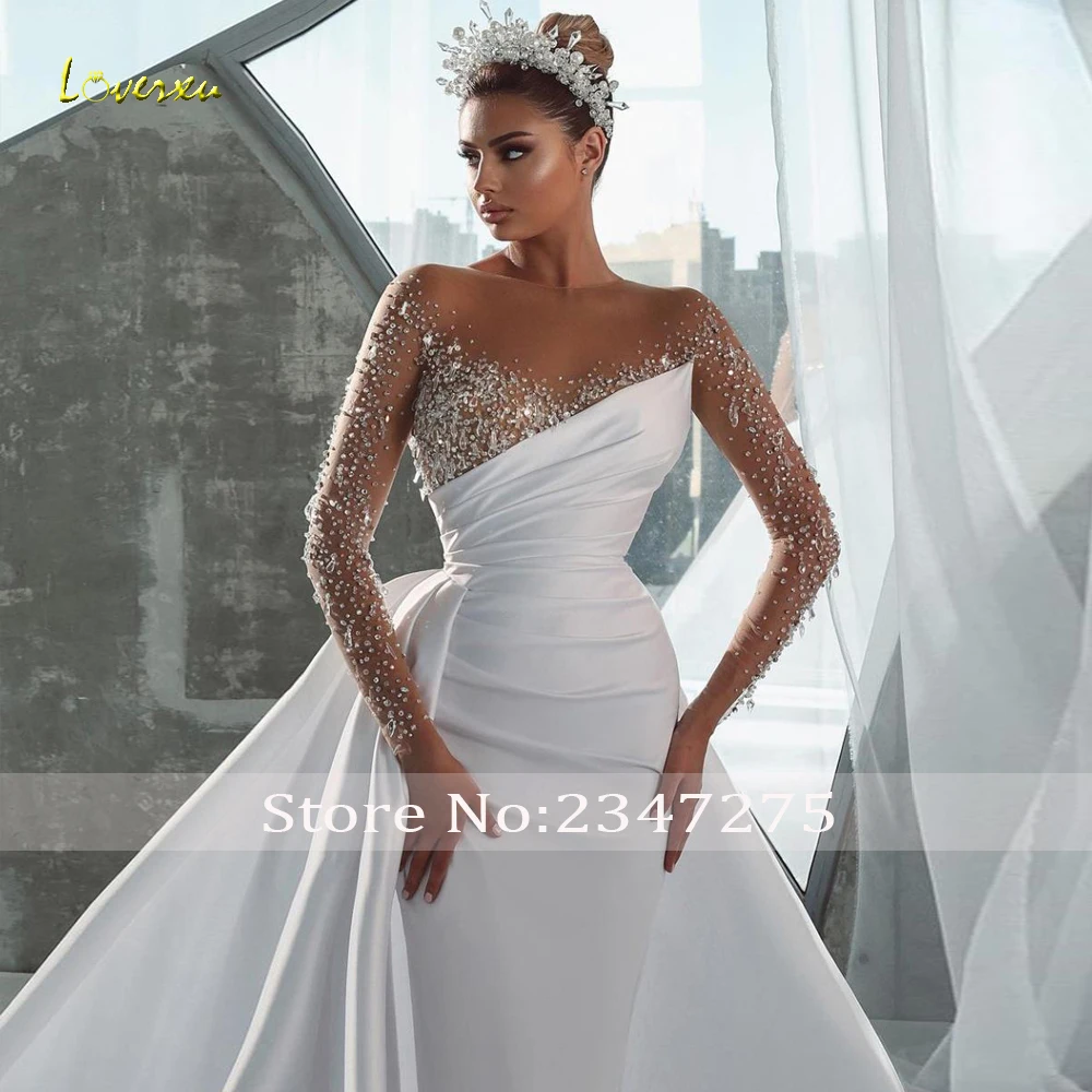 Loverxu Mermaid Satin Wedding Dresses Sweetheart Long Sleeve Vestido De Novia Beading Detachable Train Custom Made Bridal Gown