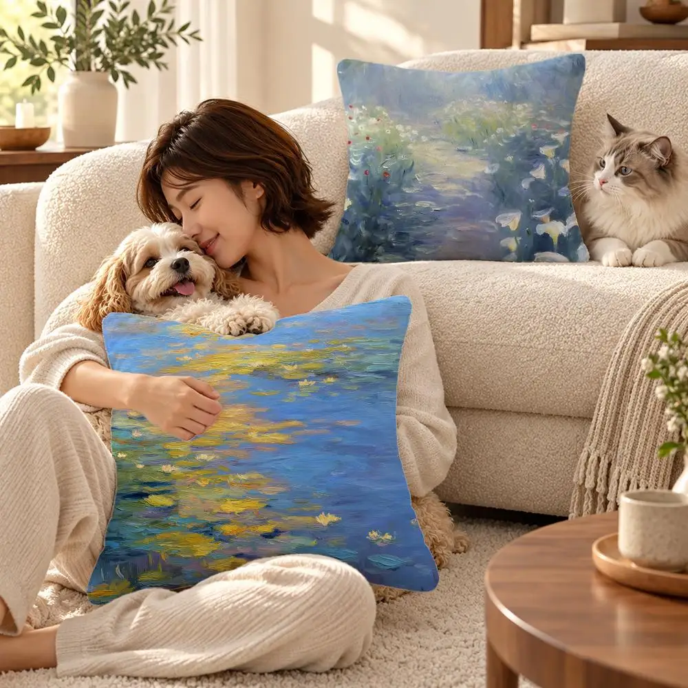 Art Monet Impressionist Floral Cushion Cover Soft Short Plush Throw Pillowcase Sofa Bedroom Home Decor Holiday Gift