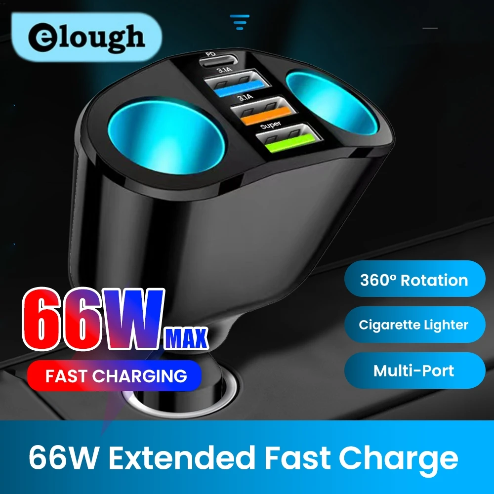 شاحن سيارة Elough 66W فائق السرعة QC3.0 مع شاشة رقمية 2 في 1 شاحن سيارة USB متعدد الوظائف #1
