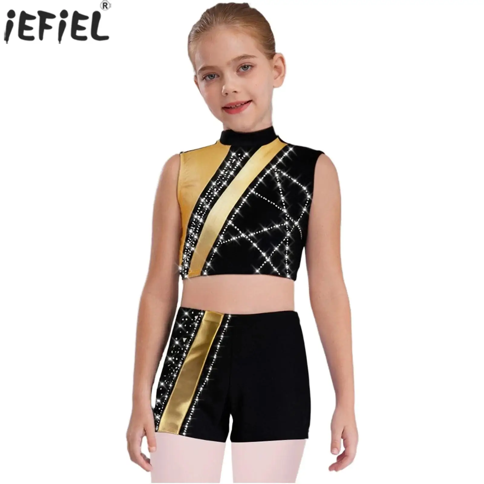 Kids Girls Gymnastics Dance Costume Shiny Rhinestones Metallic Crop Top with Shorts Ballet Yoga Workout Performance Dancewear