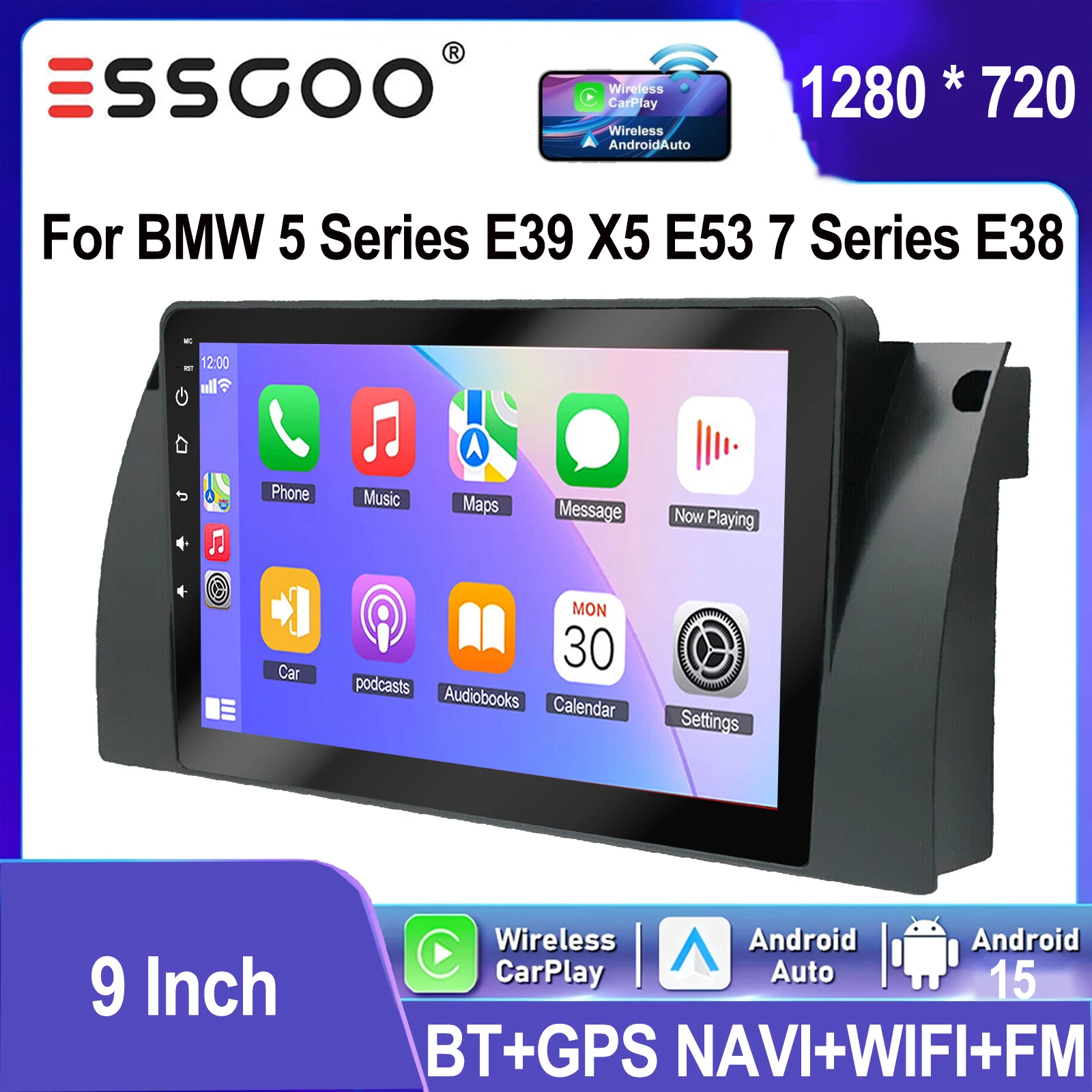 ESSGOO Android 15 9 Pollici Display Touch IPS Apple CarPlay Android Auto Autoradio GPS Navigazione USB Mirror Link Controlli al Volante WIFI Bluetooth FM ASP Schermo Divisibile Per BMW Serie 5 E39 X5