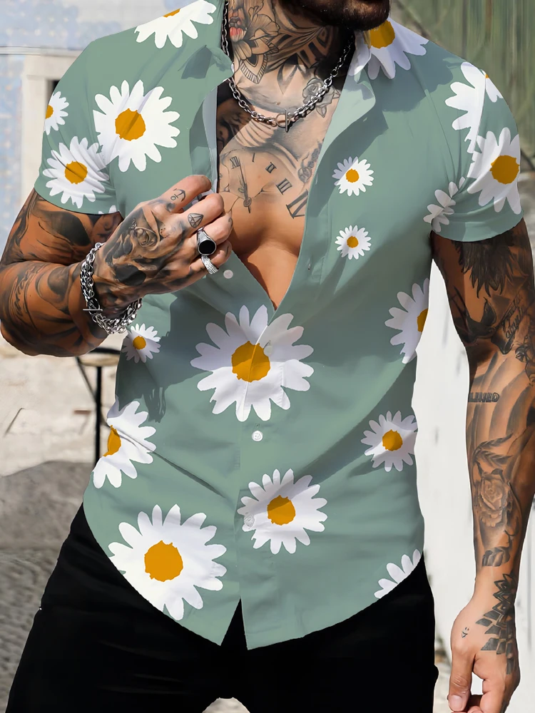 

Beach Holiday Fashion Trend Men's Shirt Summer Loose Casual Cool Short Sleeve Shirt Daisy 3d Digital Printing Oversize Shirt