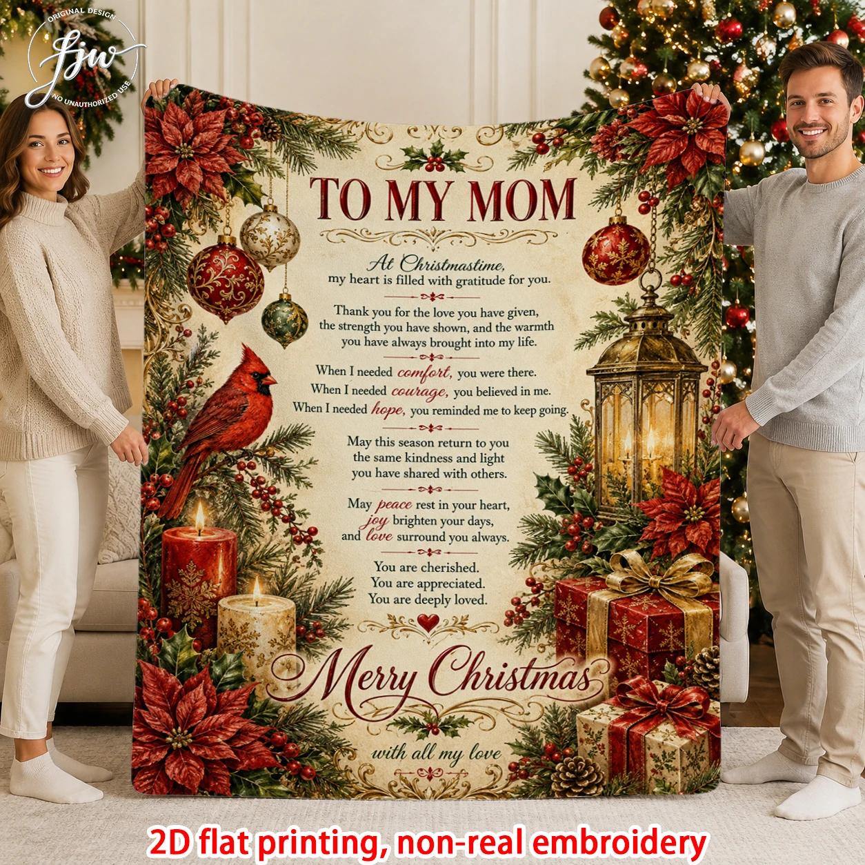 1pc Christmas Cardinal Custom Name Blanket for Mom Sister Son Daughter Friend Granddaughter, Winter Holiday Throw for Couch Bed