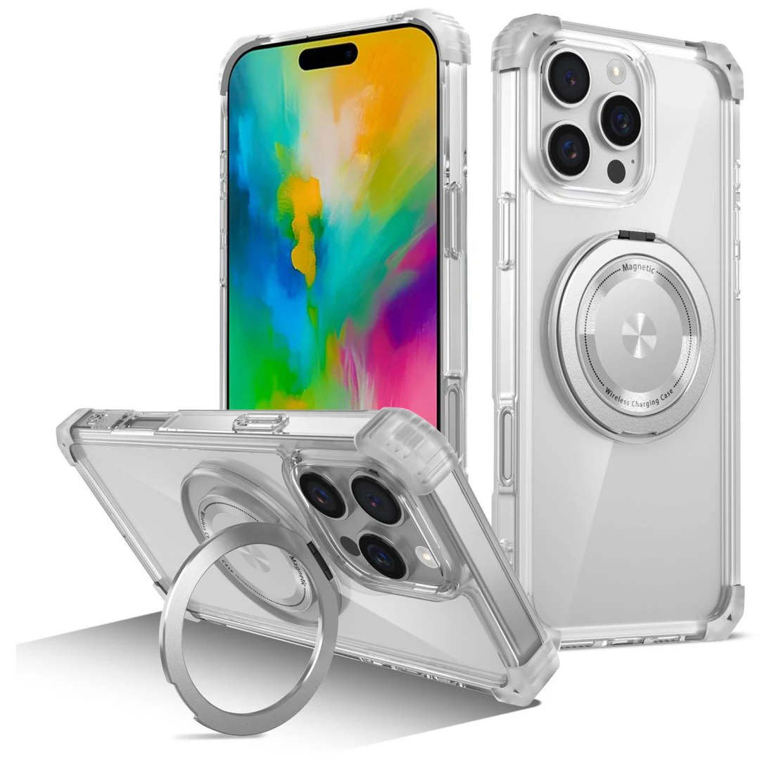 Clear Phone Case for iPhone 15 16 Pro Max Magnetic Wireless Charing Phone Cover With O-Stand for iphone 12 13 14 Pro Max