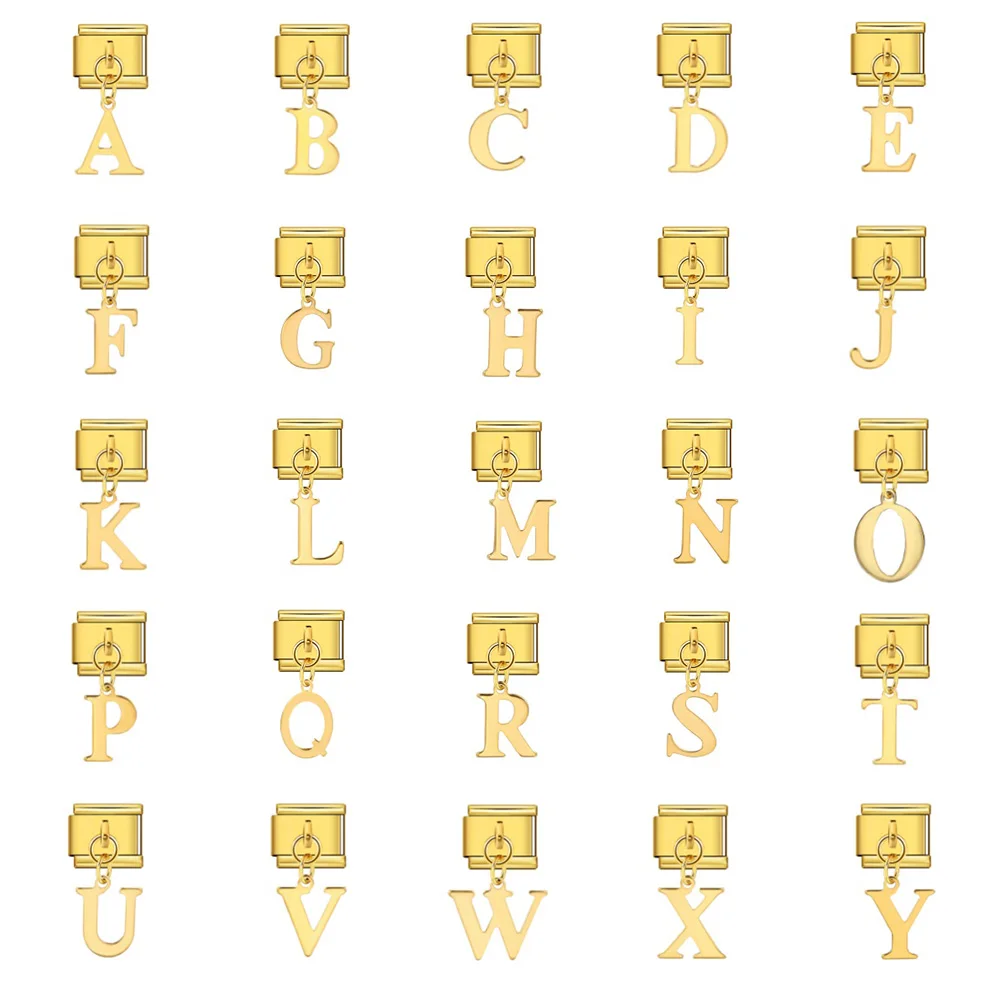 URING Design Gold Color English 26 A-Z Letter Stainless Steel Pendant Italian Charm Link Fit 9mm Jewelry DIY Making Bracelets