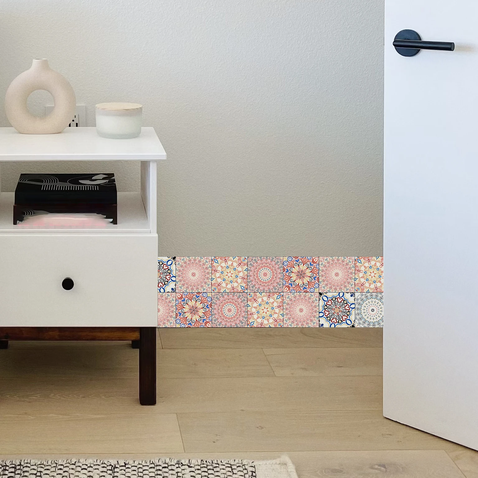 Pink Mandala Ceramic Wall Sticker Kitchen BackSplash Bathroom Decorative Waistline Skirting Strip Peel & Stick Art Wall Decals