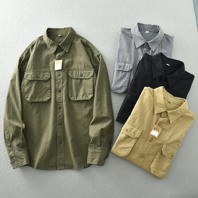 Vintage wash multi-pocket shirt men\'s long sleeve autumn lapel cotton loose casual cargo coat coat