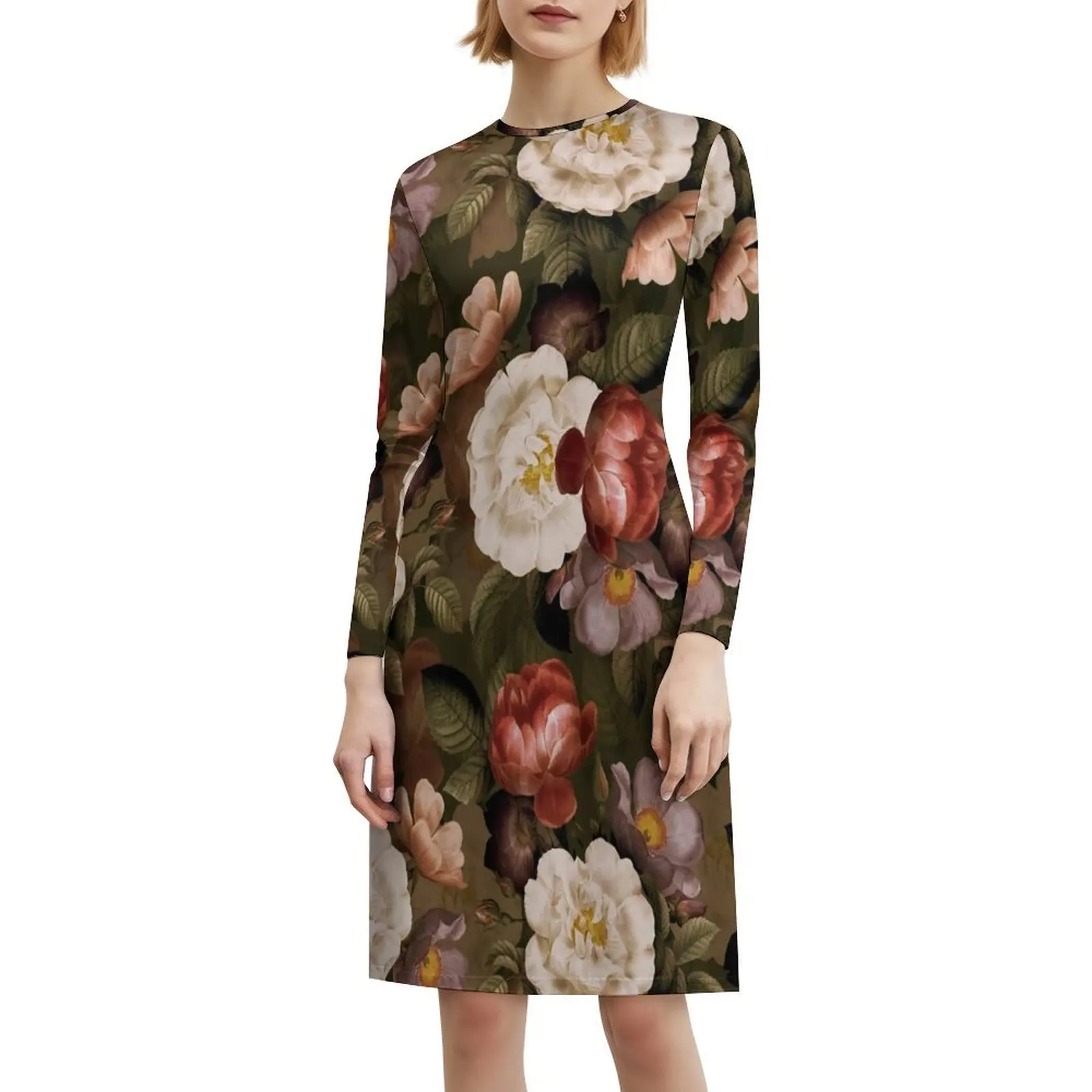 فستان قصير أخضر عتيق طبيعي للخريف نباتي للحديقة الليلية على طراز Preppy للنساء على شكل حرف a فضفاض مناسب فستان يوم غير رسمي داكن #6