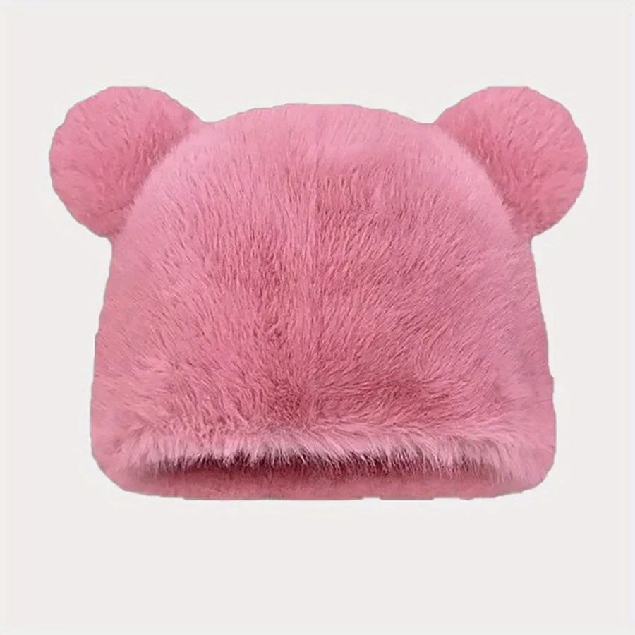 

Bear Ear Hat Faux Fur Material Solid Color Design Large Size Warm Ear Protection for Winter Outdoor Cold Weather Fashion