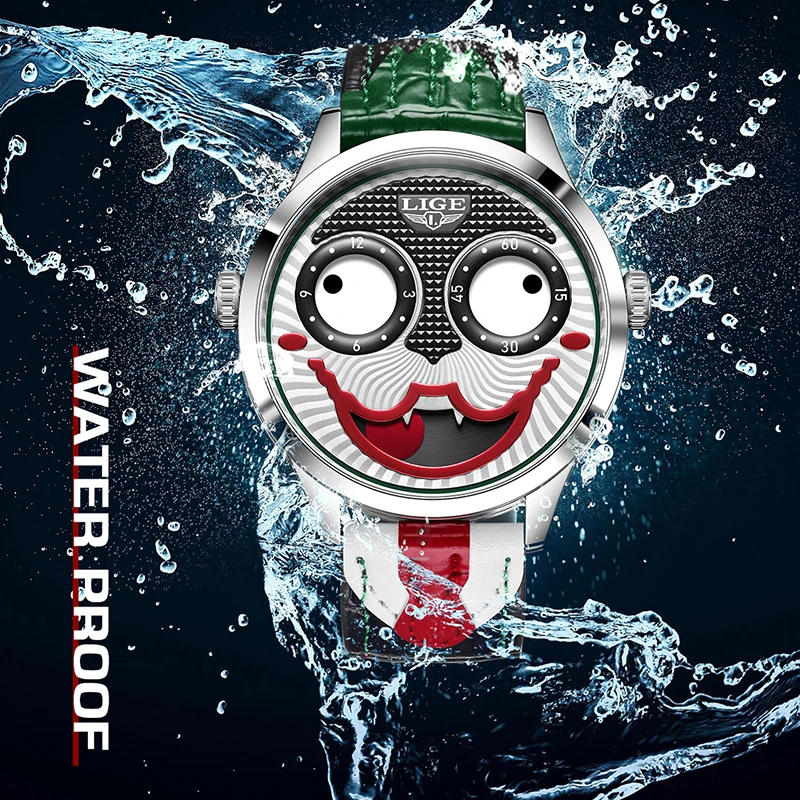 LIGE 2026 ساعة المهرج الرائعة الجديدة للرجال موضة الأعمال مقاوم للماء ساعة الجوكر الجلدية للرجال ساعة يد كوارتز رياضية عسكرية للرجال