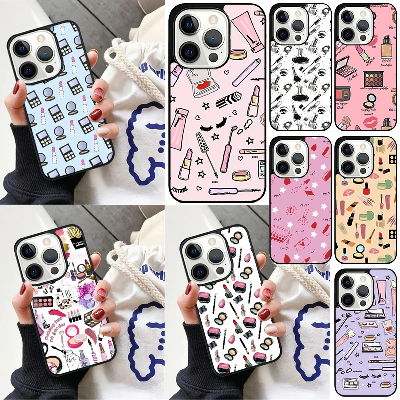 Makeup Love Lipstick Eyeshadow Pattern Cover For iPhone 16 13 14 15 Pro Max 12 Mini 11 15 Pro Max 7 8 Plus Max SE Phone Case