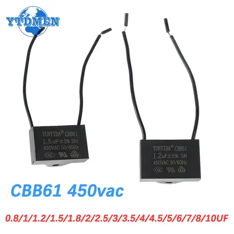 1PCS CBB61 Starting Capacitor 450V 0.8/1/1.2/1.5/1.8/2/2.5/3/3.5/4/4.5/5/6/7/8/10UF Motor Fan Run Capacitors CBB 450vac