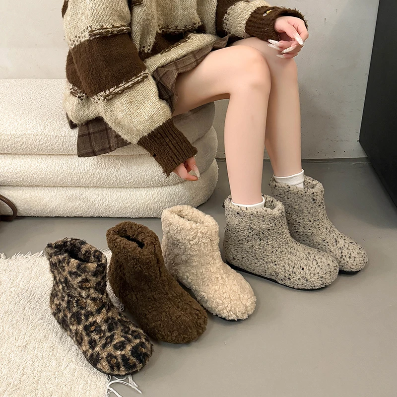 

Vintage Fur Lining Women Snow Boots Comfort Thick Sole Keep Warm Cotton Short Booties Winter Leopard Print Women's Plush Shoes