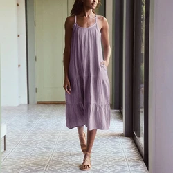 Muslin 100% Cotton Gauze Elegant And Pretty Women's Dresses Sexy V-Neck Sleeveless Ruffles Chic Dress Holiday Beach Sundress