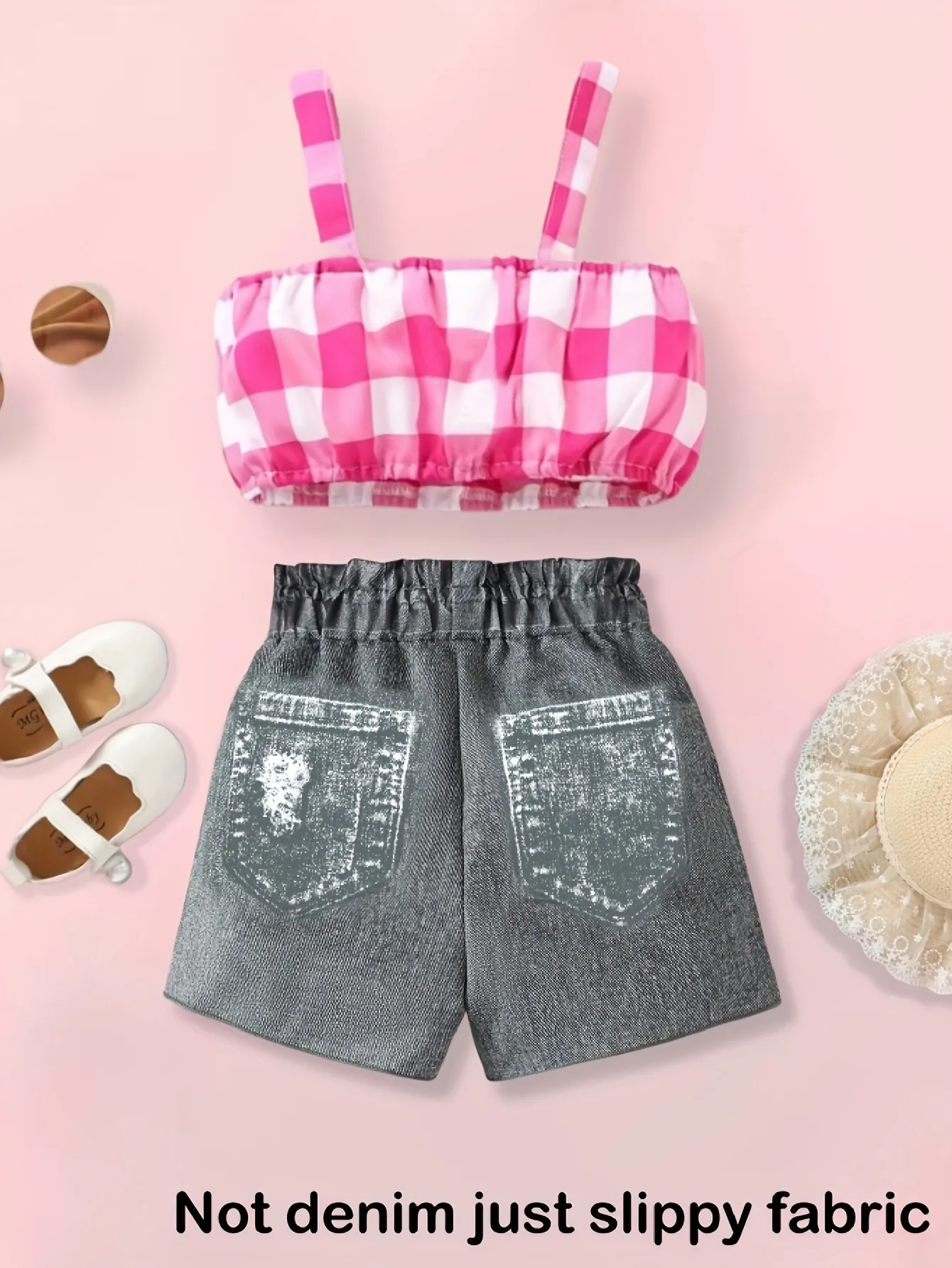 Denim Look Girls 2 Piece Shorts Set Pink Gingham Bow Top & Ripped Distressed Shorts Fashion Outfit（Not denim just slippy fabric）