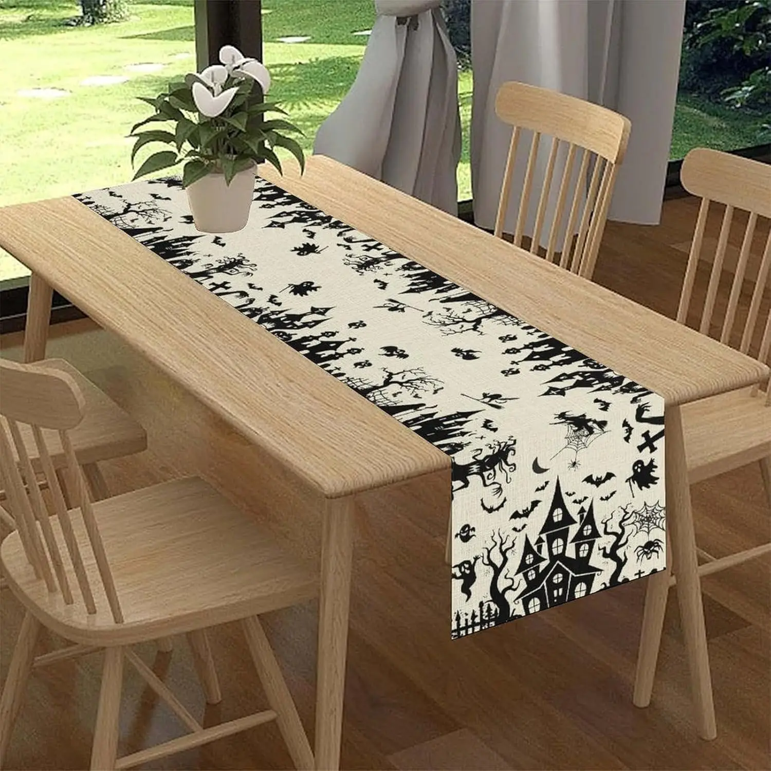 Halloween Haunted House Witchy Bats Spider Web Linen Table Runner Party Decor Reusable Kitchen Dining Table Runner Party Decor