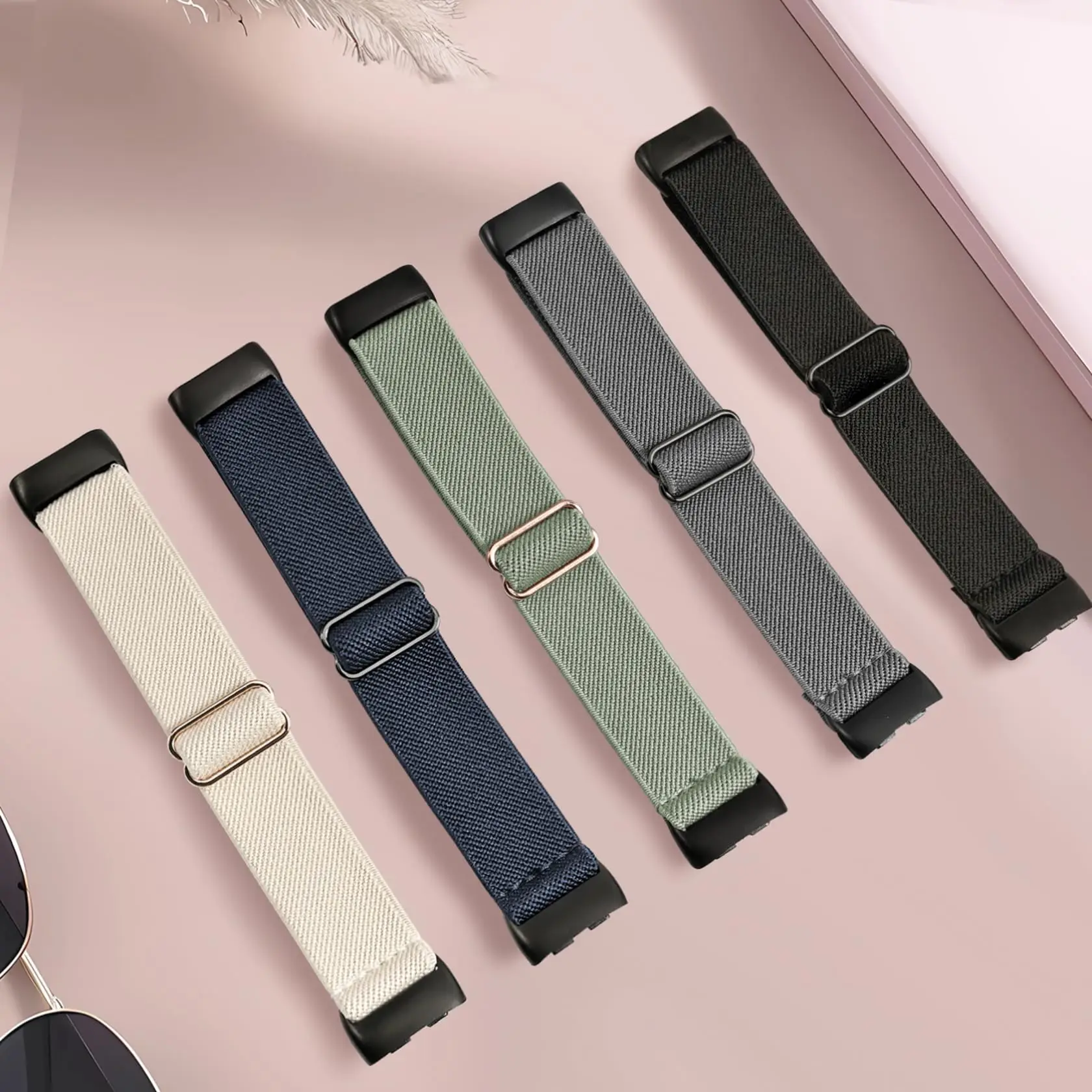 5 Pack Stretchy Nylon Compatible with Fitbit Charge 6 Bands/Fitbit Charge 5 Bands for Women Men, Elastic Adjustable Straps