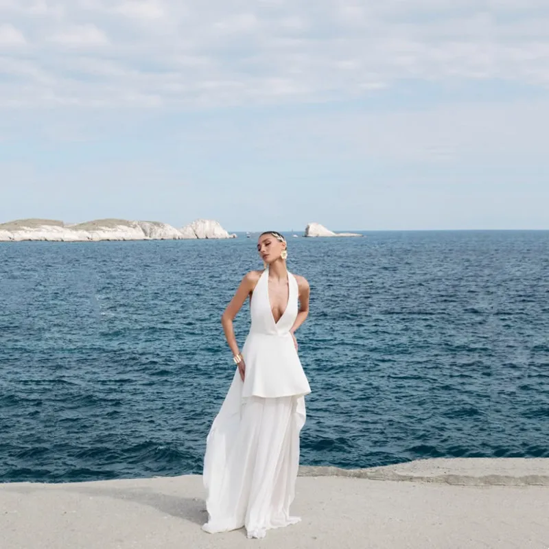 

Customized Beach A-Line White Wedding Dress Simple Sleeveless Sexy Backless Deep V-Neck Pleated Spaghetti Straps Floor Length