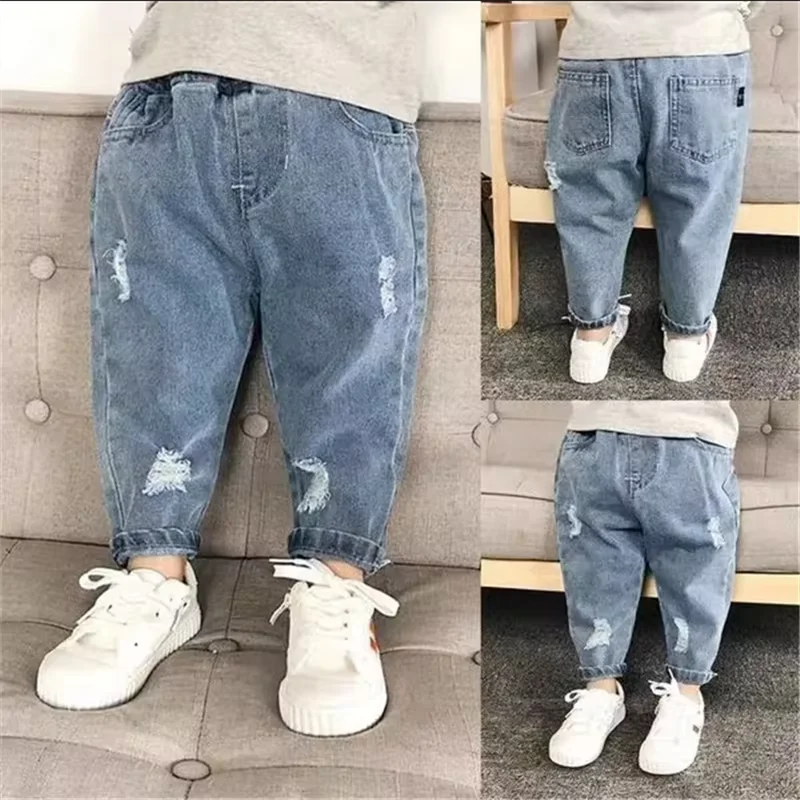 New Children's Summer Jeans Elastic Waist Dashionable Ripped Jeans Casual Loose Fit Boys' And Girls' Jeans Korean Denim Pants