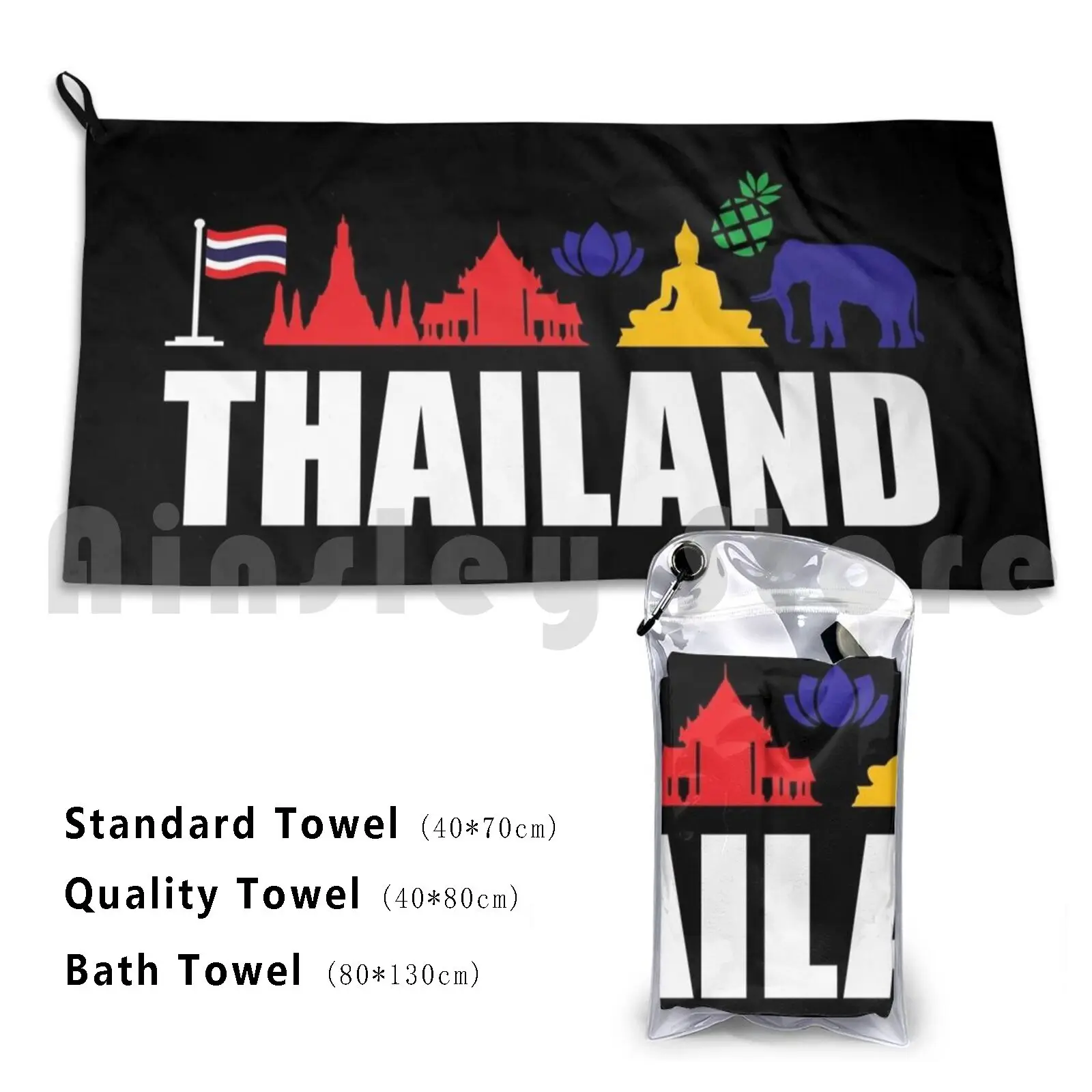 Thailand Icons Tourist Souvenir Funny Gift Idea Custom Towel Bath Towel Thailand Bangkok Thai Asia Travel