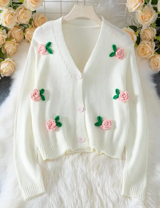 

3D Floral Women's Sweater Cardigan 2025 Autumn and Winter New Elegant Button Long Sleeved Knitted Sweater