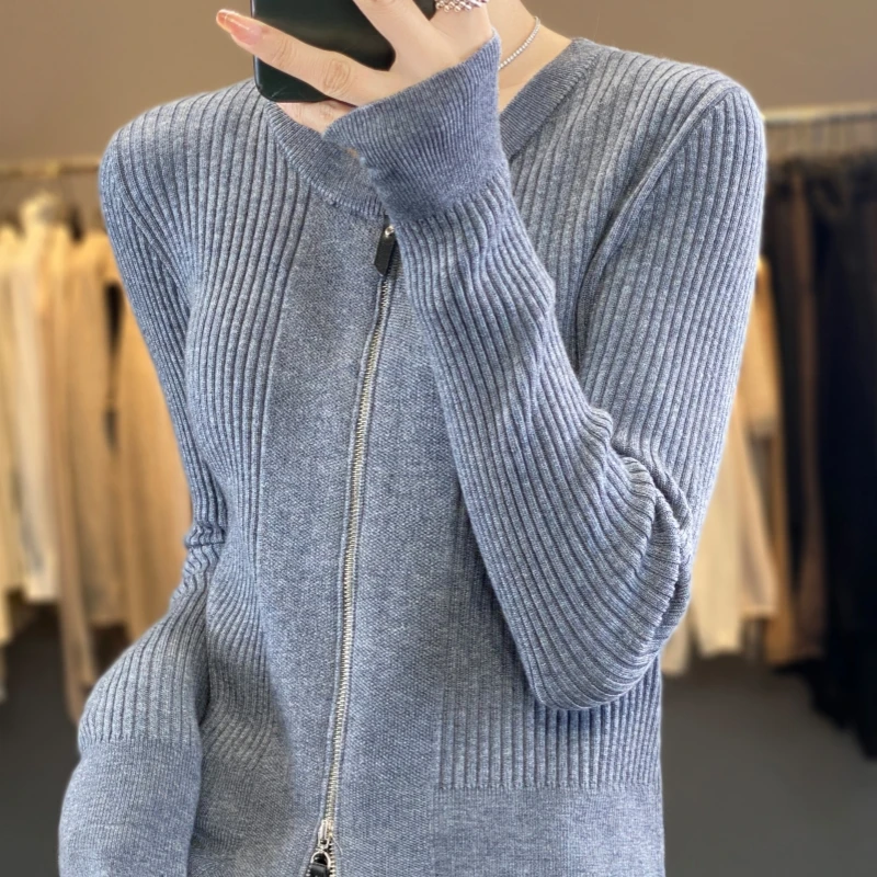 Women's Cardigan Spring/Autumn Solid Wool Sweater Casual Knitwear Slim Fit Ladies Tops Round Neck Jacket Tops Basics Blouse