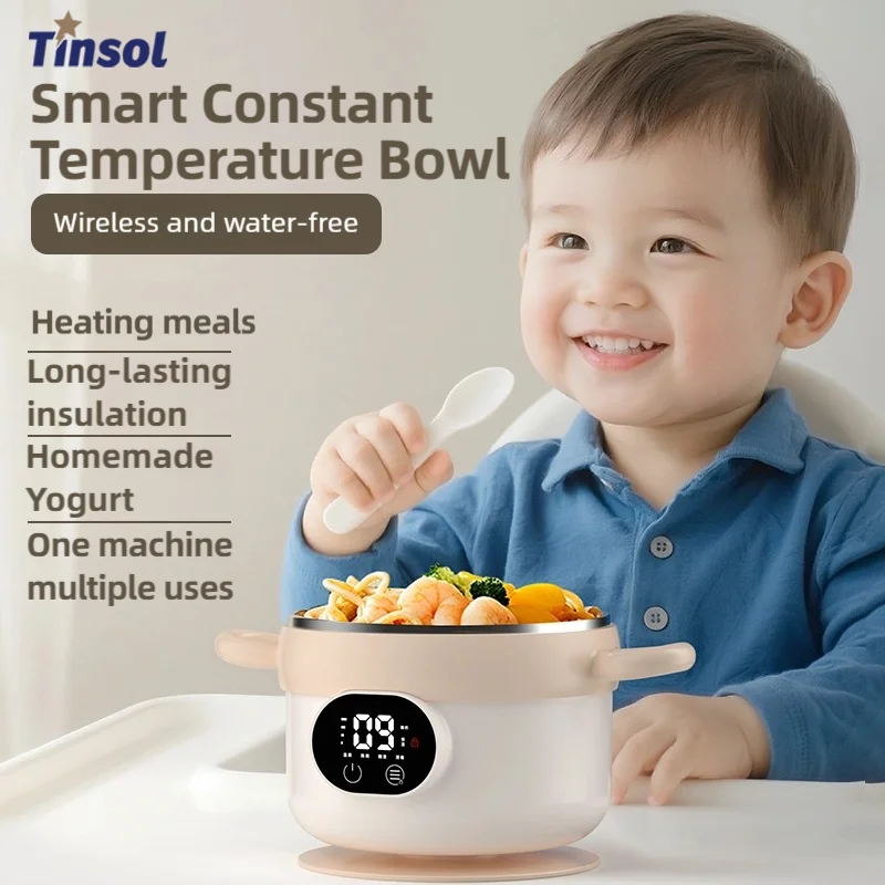 TINSOL 400ml Smart Insulated Bowl, Children's Portable Picnic Milk/Food Heater, 3600mAh Stainless Steel Insulated Lunch Box