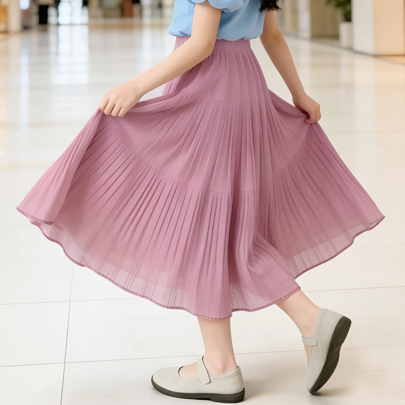 Teen Girls Chiffon Pleated Skirt Elastic Waist A Line Flowy Casual Long Skirt Kids Daily Wear School Party Beach Play Outfits