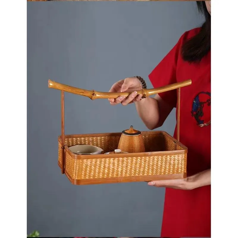 for 100% natural rectangular bamboo storage basket, Chinese tea set storage box, environmentally friendly food storage, fruit