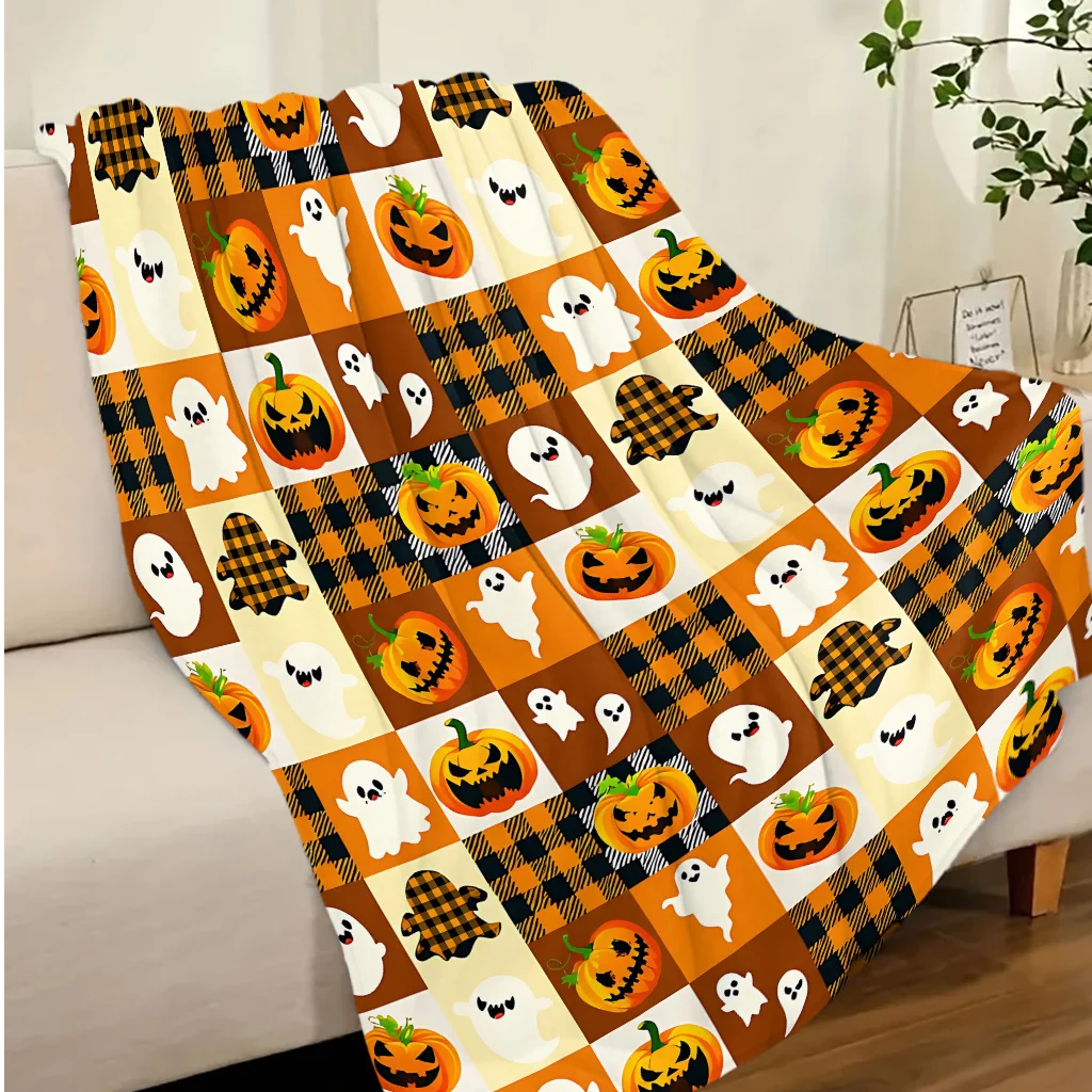 1pc Brown And Yellow Plaid Patchwork Pumpkin Ghost Retro Halloween Flannel Blanket (Single-Sided Print). Soft And Skin-Friendly Flannel Fabric, Lightweight And Warm, Suitable As a Sofa Cover Blanket, Office Nap Blanket, Car Blanket