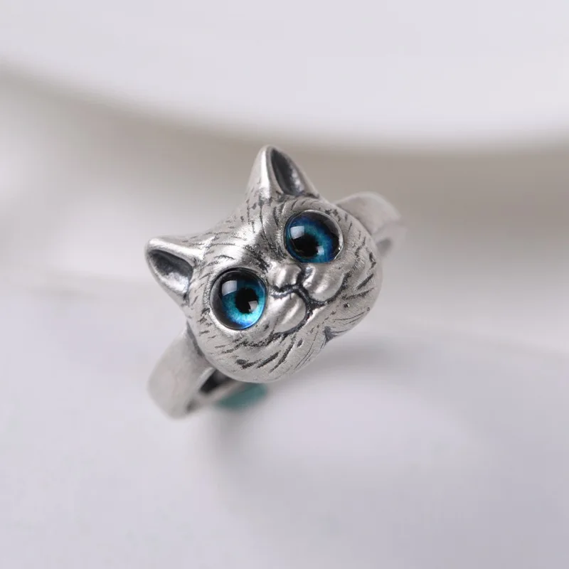 

925 Sterling Silver Cute Cartoon Blue Eyes Kitten Ring For Women Retro Fashion Personality Party Jewelry