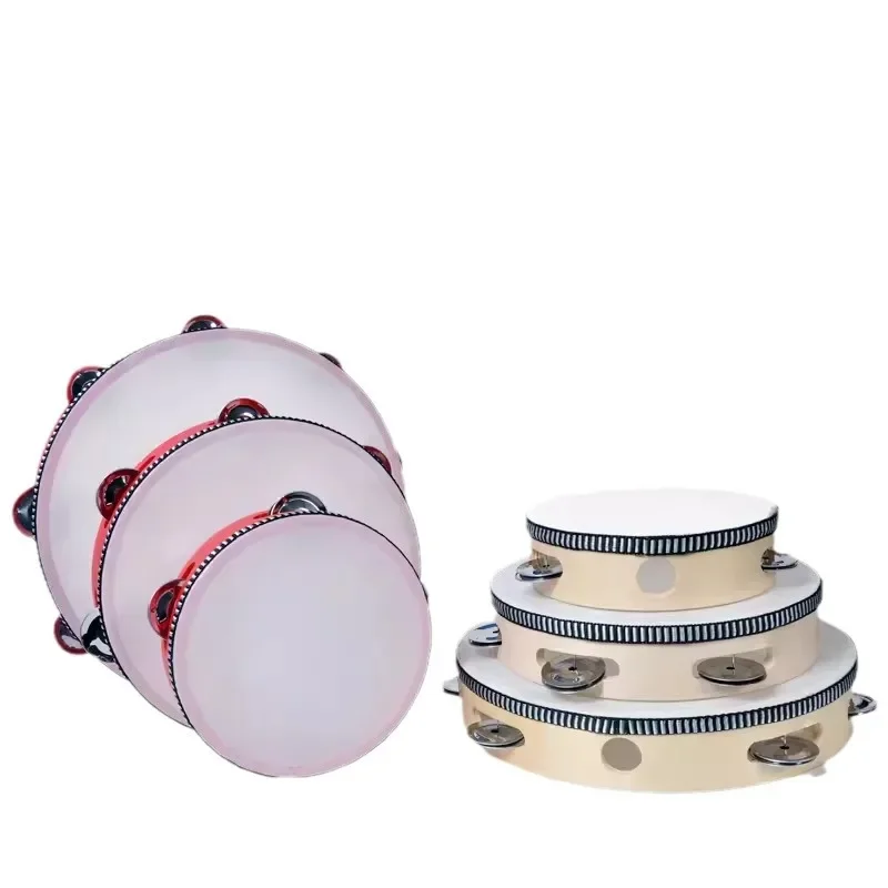 Pandereta de madera con cascabeles de Metal, instrumento de percusión para educación musical, concierto, banda de iglesia, tambor de mano de 4/6/8/10 pulgadas, 1 Uds.