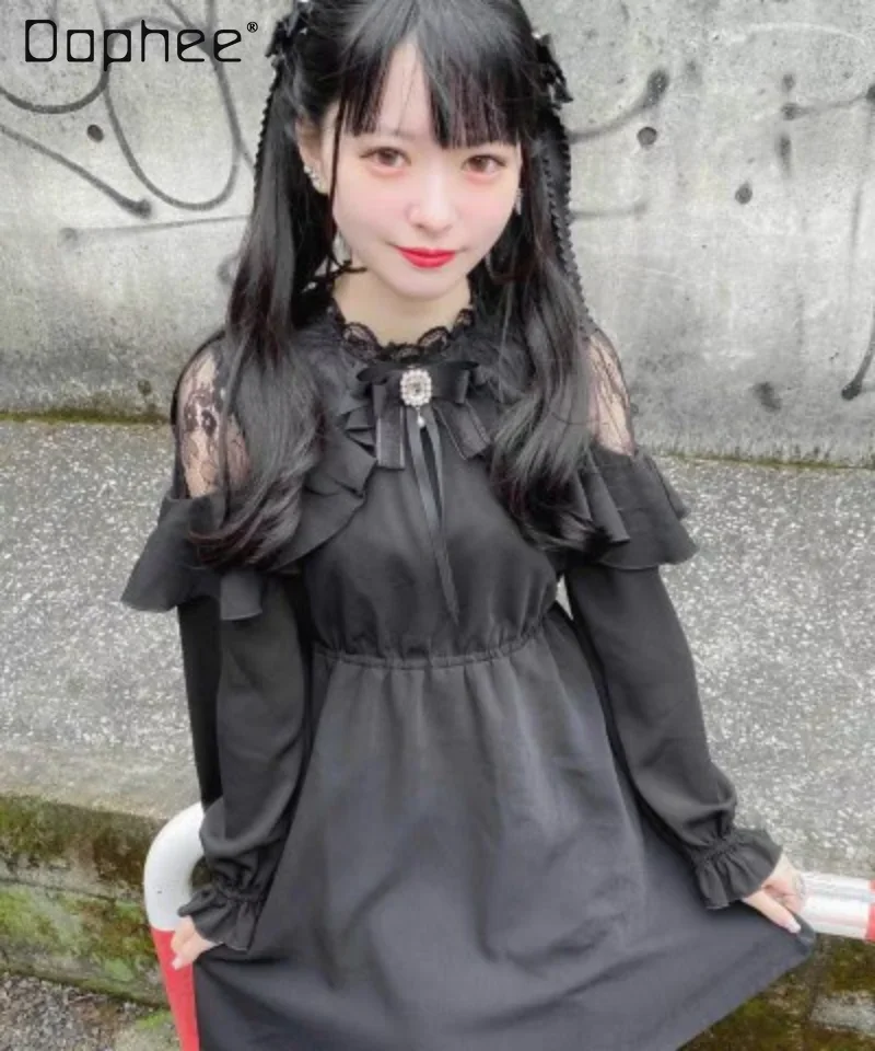 

Japanese Lolita Sweet Short Dress Rojita Lace Long Sleeve Black Spring Summer Clothes Slimming Waist A-line Dress