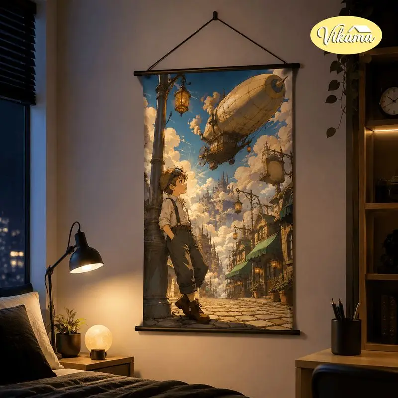 VIKAMA Steampunk Anime Boy Explorer Tapestry Telescope Greenhouse Airship Adventure Art Wall Hanging Bedroom Home Decor