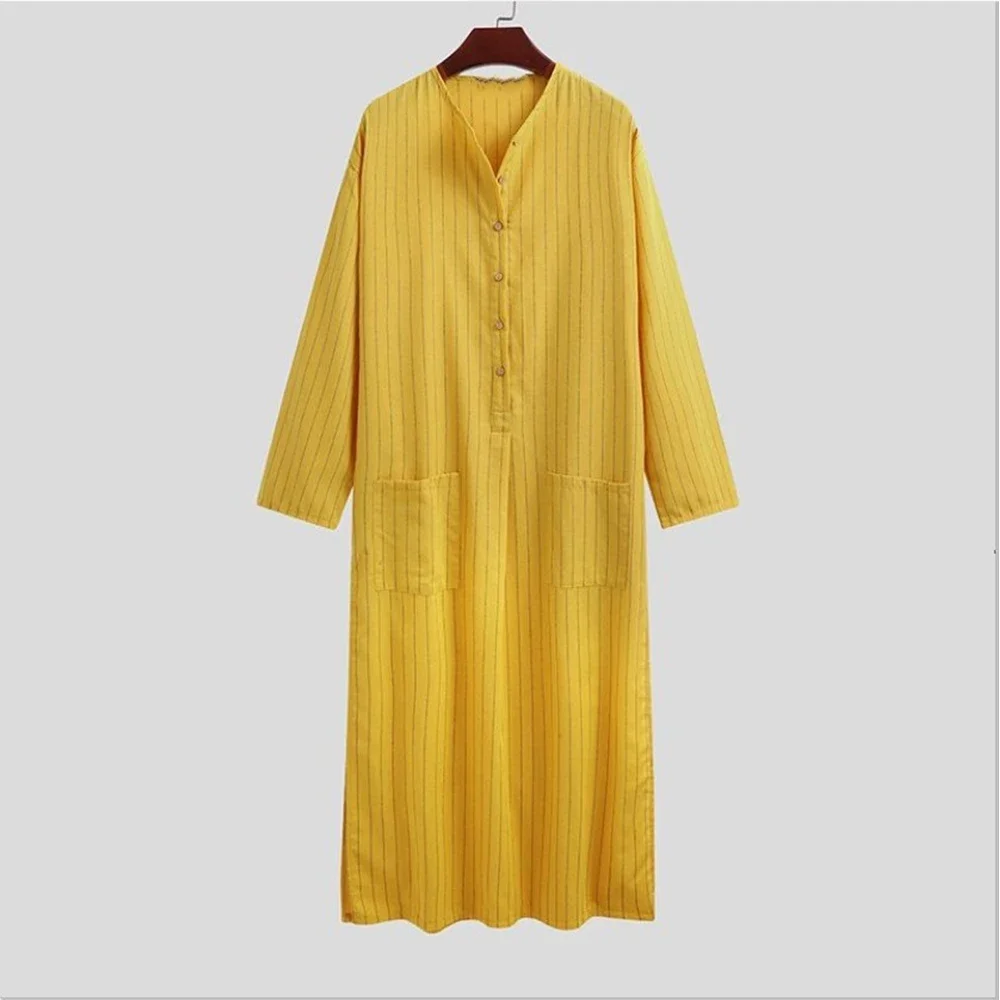 YUFEIDA Men Robes Kaftan Muslim Arab Islamic Vintage Long Sleeve Striped Thobe Muslim Kaftan Loungewear Plus Size Arabia Abaya