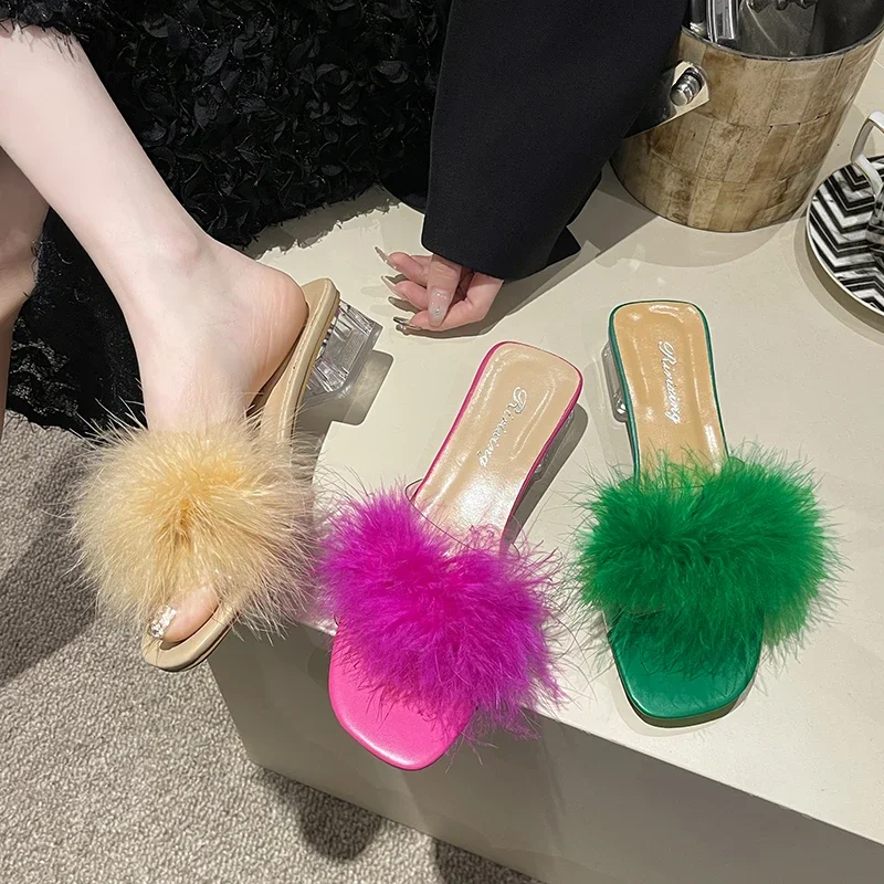 2024 Nieuwe Zomer Ondiepe Mond Vierkante Teen Lekkende Teen Vierkantswortel Slippers Buiten Sexy Elegante Mode Effen Kleur Damessandalen