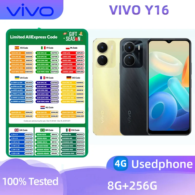 Vivo Y16 4G Smartphone Android CPU Helio P35 6.51-inch 13MP Camera 5000mAh Used Phone