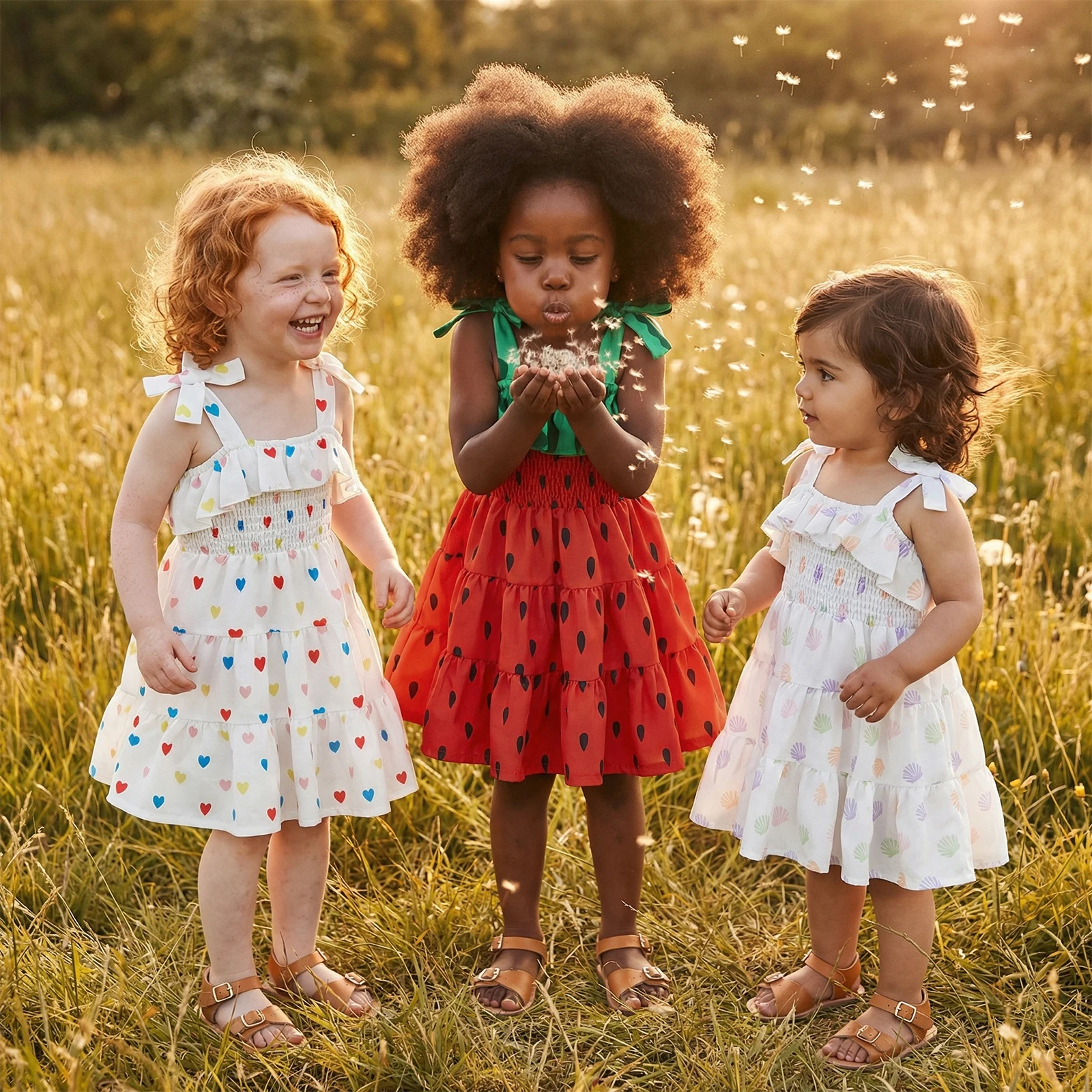 Kids Toddler Girls Summer Spaghetti Strap Dress, Sleeveless Tie-up Heart/Watermelon A-line Dress Fashionable Streetwear