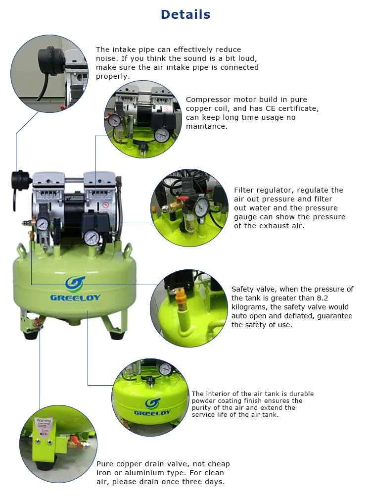 Compresor de aire médico den tal de 600w sin aceite con tanque de 24L