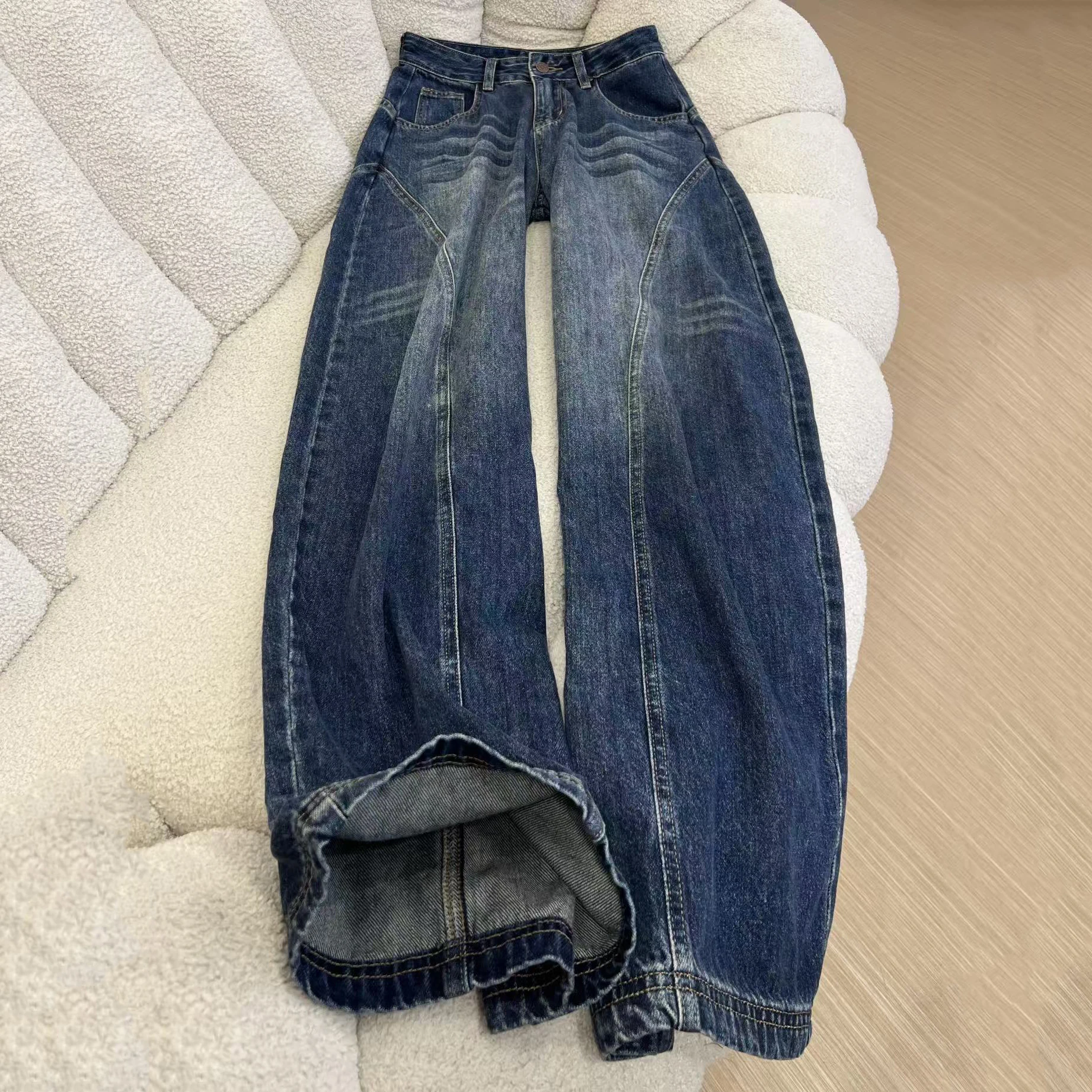 American Style Washed Wide Leg Jeans Women Autumn Vintage High Waist Quilted Loose Straight Leg Pants High Street Female Trouser
