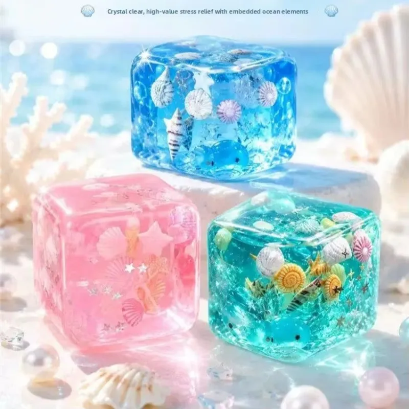 Ocean Ice Cube Squishy Toy Maltose Slow Rising Cube Translucent Jelly Ice Cube Shell Starfish Stress Cube Squeeze Stress Relief