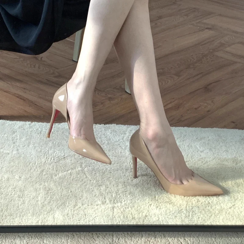 2025 Spring/Summer New Pointed Naked Single Shoes For Women, Lacquer Leather Sexy OL Commuting 8/10cm High Heels