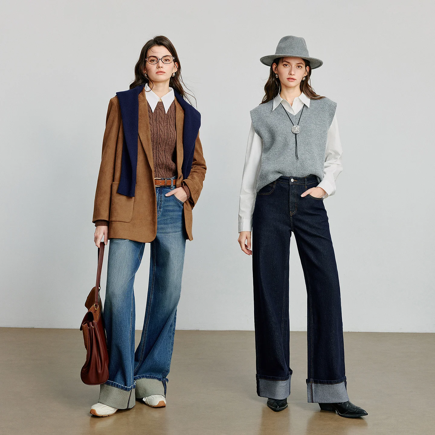 TOYOUTH Damen-Denim-Jeans, 2025, Herbst, neue Lycra-Rollsaum, gerade, weites Bein, lange Hosen