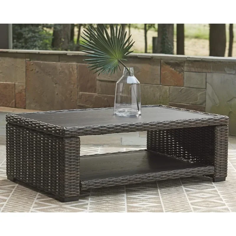 Outdoor Wicker Cocktail Table with Aluminum Frame Powdercoated Aluminum Frame, with Aluminum Tabletop and Lower Shelf