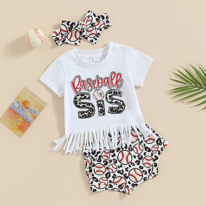 Baby Girl Baseball Outfits Clothes Short Sleeve Tassle Tee Shirt Short Pants Headband 3Pcs Summer Clothing Set