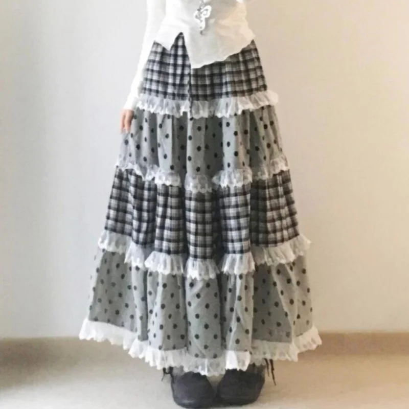 Boho British Retro Plaid Color Block Full Skirts Vacation Casual Long Skirt Young Female Punk Unique Dresses Bottom Summer Beach