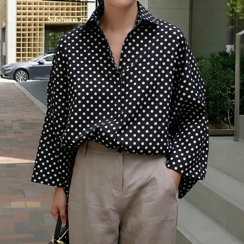 Yeezzi Women's Fashion Polka Dot Black White Shirts 2026 New Long Sleeves Oversized Casual Work Lapel Blouses Tops For Ladies