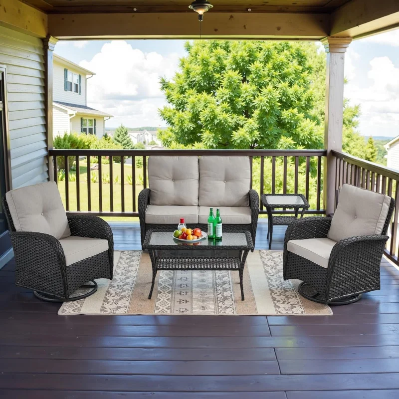 

5-Piece Outdoor Patio Set, Swivel Rocker Chairs, Loveseat & Rattan Coffee Table, Black Frame Beige Cushions
