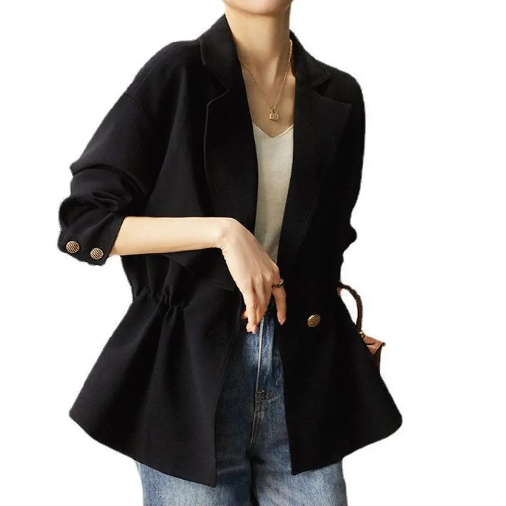 

Women's Navy Blue Triacetate Trench Coat Short Blazer Autumn Jacket Spring Autumn Collection Top